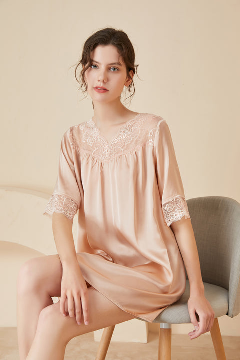 Asilklife Summer Cute Lace Charm Silk Nightgown