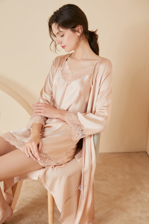 Lace Neck Silk Nightgown & Robe Set