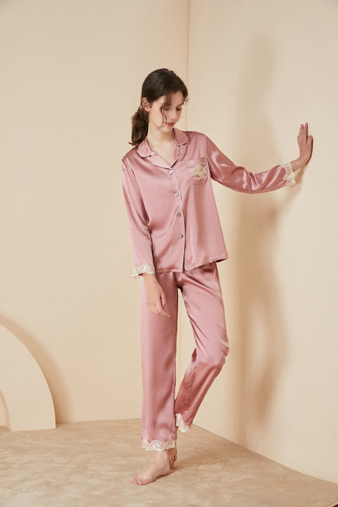 Asilklife Luxury   long  Sleeves Silk Pajamas Set With Lace|Multi Color Selected