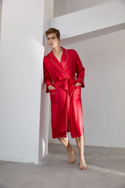 2PCS men's silk midi robe and shorts set