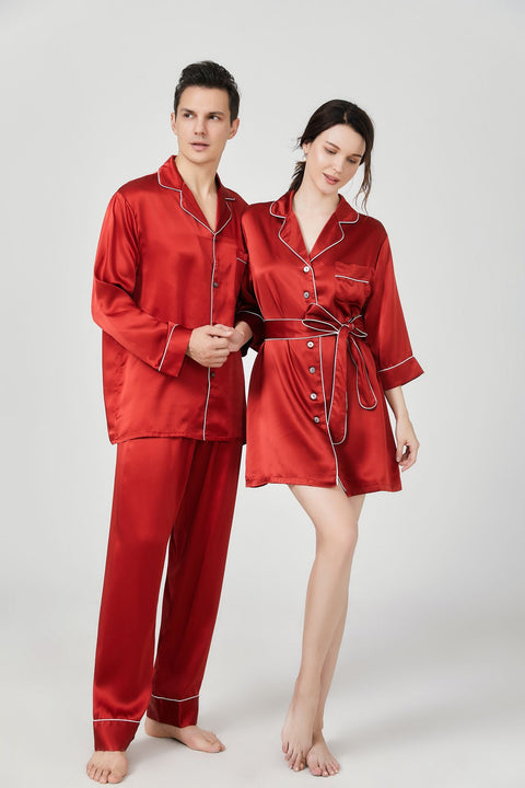 Red Matching couple silk pajamas