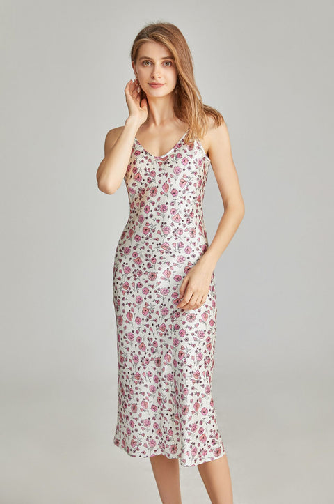 19 Momme Silk Nightgown Midi Women's Slip Dress Flora