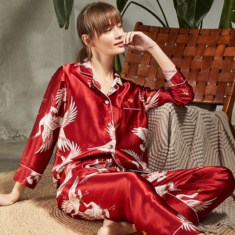 Asilklife Luxury Printed Silk Long Pajamas Set For Couple