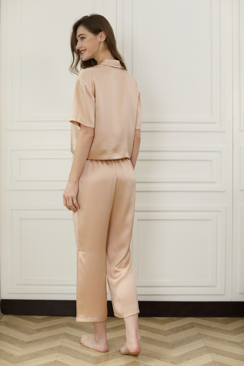Short Sleeve Silk Pajamas Set cropped length top & high rise waisted pant