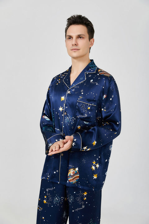 19 momme Silk Printed Pajamas Set for Men Universe