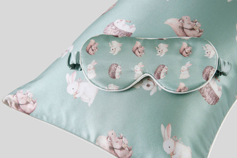 super soft sleep set silk pillowcase green bunny and kid's sleep mask