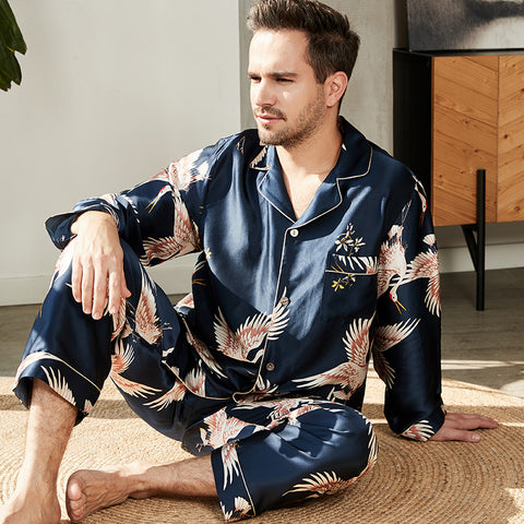 Silk Men's Crane Print Pajama Set