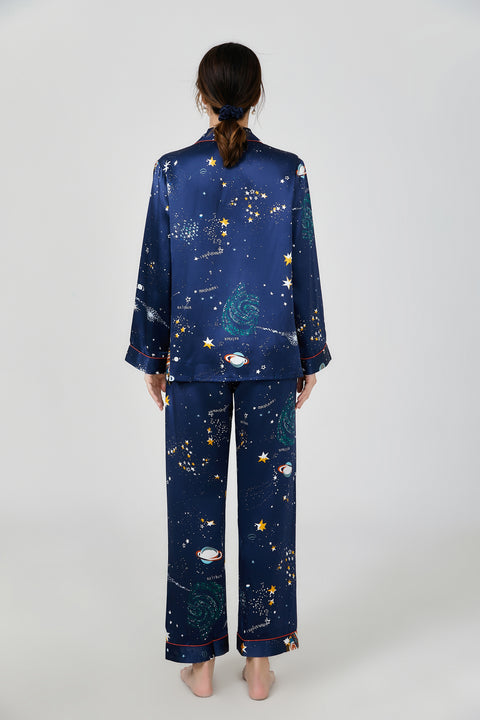 Dream Galaxy Printed Long Sleeves Classic Silk Pajamas Set For Couple
