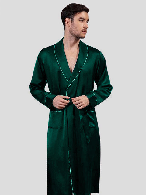 Dotted Piping men's Silk Robe long
