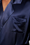 Navy blue men's silk pajamas robe set luxury silky shirt top matching with long pants