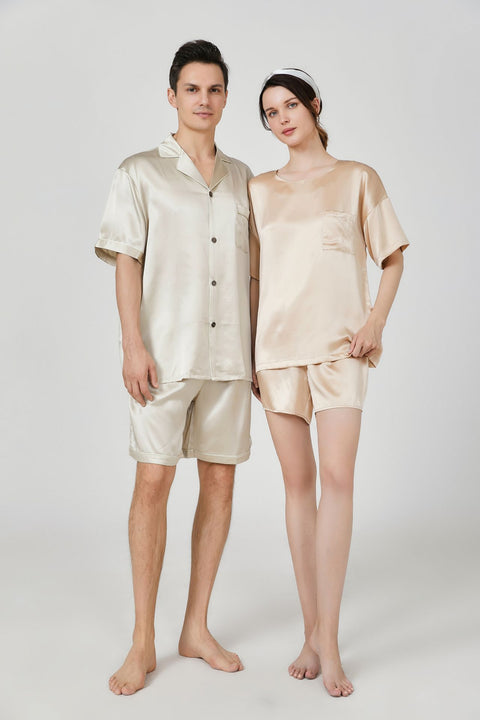 19 Momme Matching Couple Silk Pajamas Sets Short Sleeves