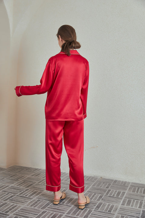 Women's Classic Piping Long Sleeve Silk Pajama Set (Pants with Drawstring)